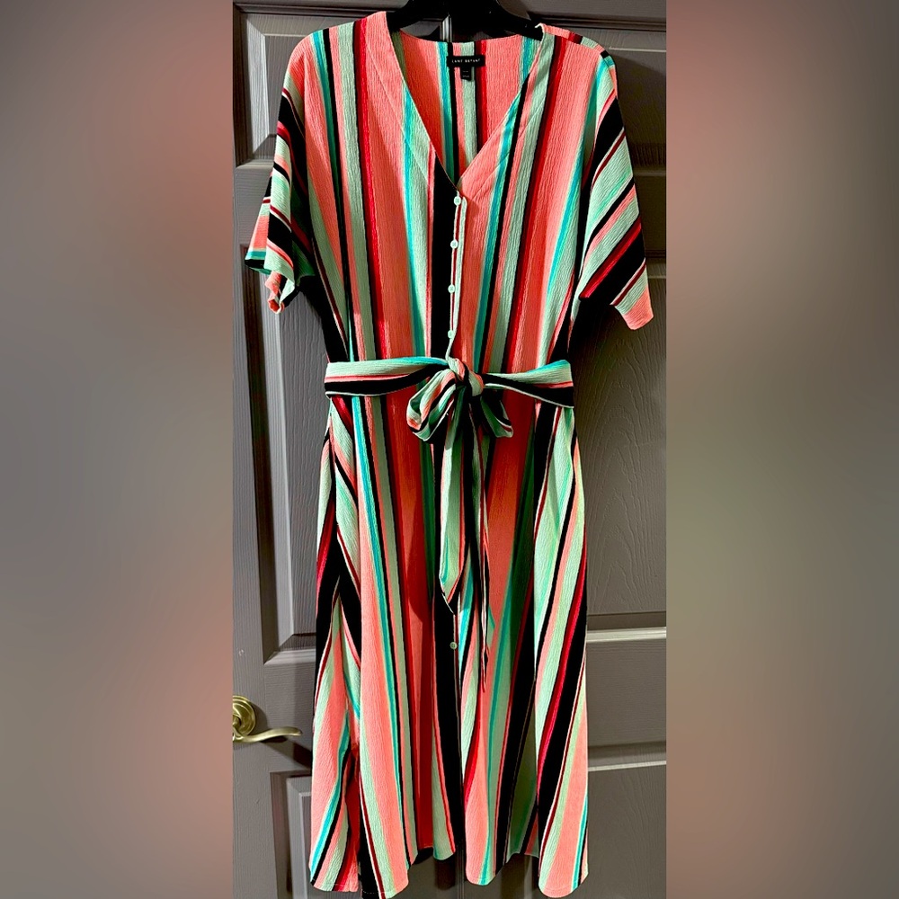 Midi length dolman sleeve striped dress. Beautiful colors and comfortable.